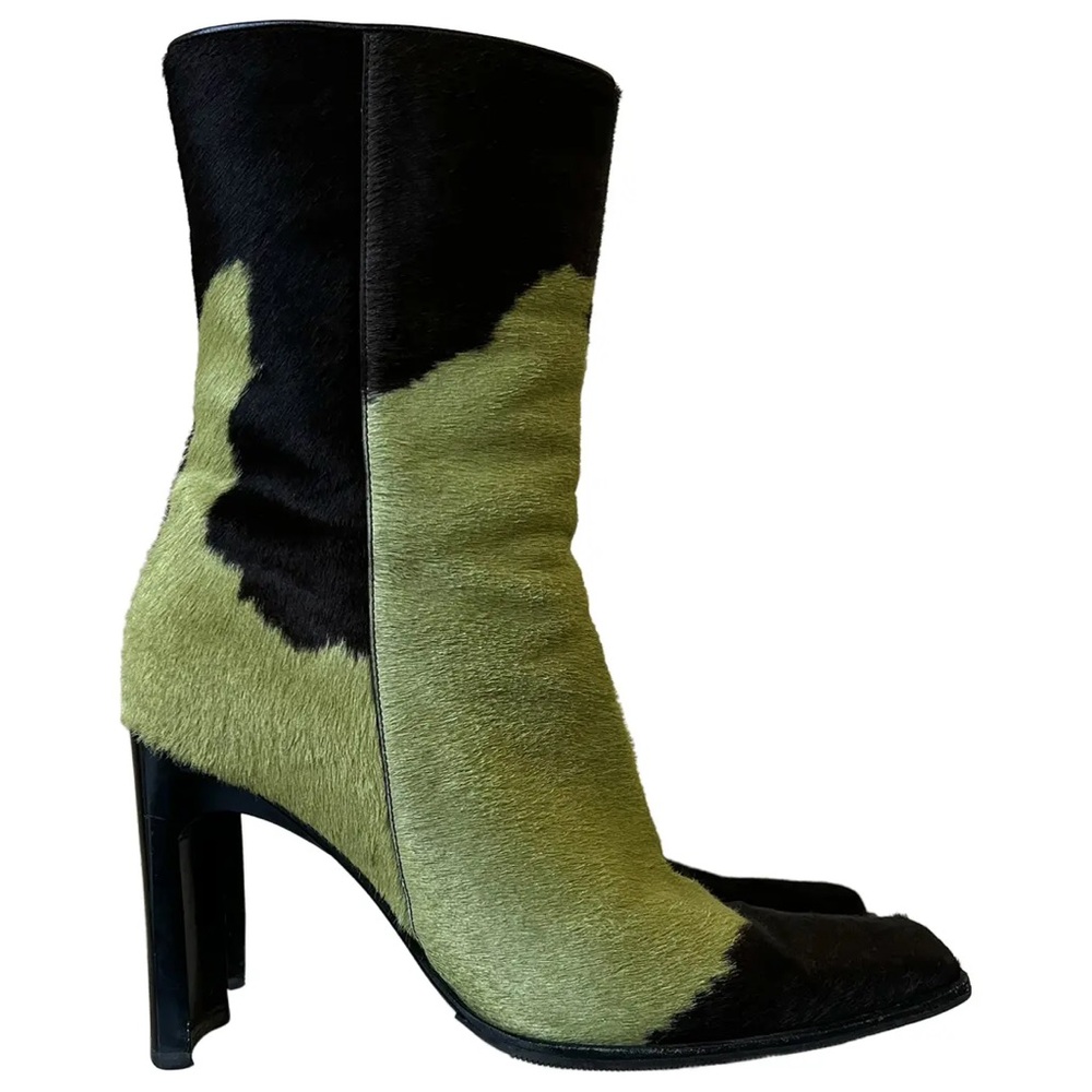 Green and Black Square Toe Cowhide Women's Heeled Ankle Boots